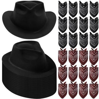 Hillban 48 Pack Cowboy Hat and Bandana Set, Cowgirl Hats for Boys Girls Felt Cowboy Party Hat Western Bandanas for Party(Black, Brown)