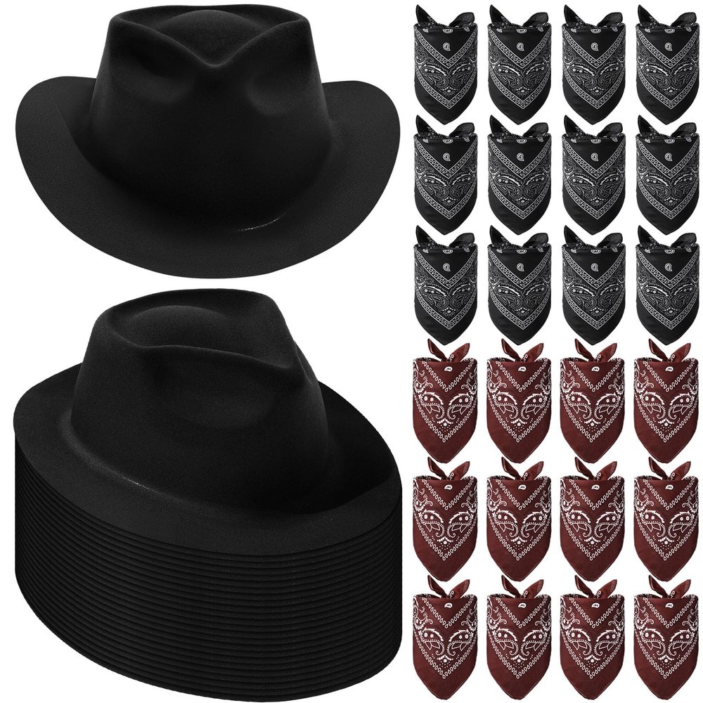 Hillban 48 Pack Cowboy Hat and Bandana Set, Cowgirl Hats for Boys Girls Felt Cowboy Party Hat Western Bandanas for Party(Black, Brown)
