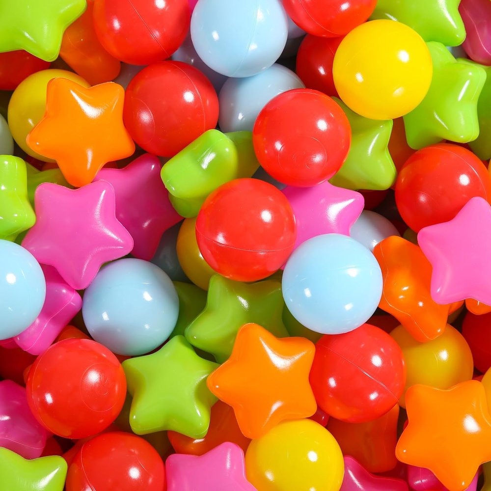 Heopeis Ball Pit Balls Pack of 100 - Star and Round Set BPA Free Phthalate Free Non-Toxic Crush Proof Play Balls Soft Plastic Balls for Toddlers Baby Kids Birthday Pool Tent Party