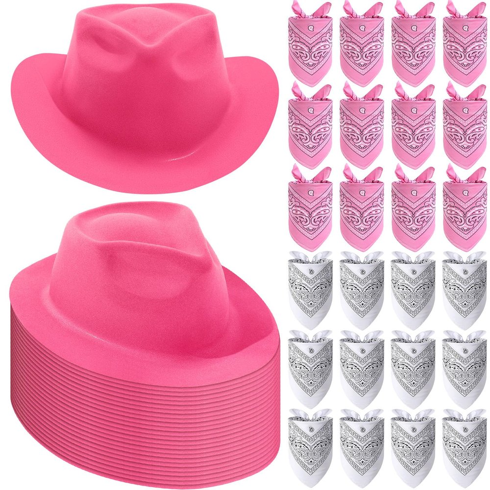 Hillban 48 Pack Cowboy Hat and Bandana Set, Cowgirl Hats for Boys Girls Felt Cowboy Party Hat Western Bandanas for Party(Pink, White)