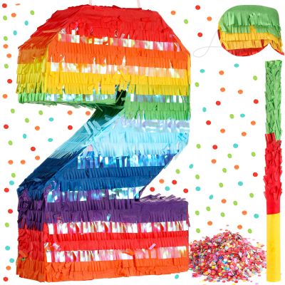 Poen Rainbow Mexican Number Piata for Kids with Blindfold Stick and Confetti Birthday Party Decoration Piata for Anniversary Cinco de Mayo Fiesta Party Decor(Number 2)
