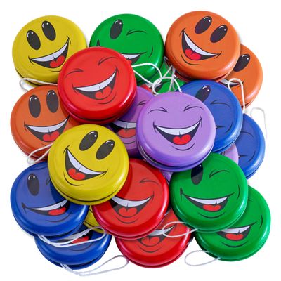 Playbees Metal Smiley Faces YoYos - Set of 12 - 2 Inch for Kids - Assorted Colors Emoticon - Bulk for Beginners, Ideal for Party Favors, Party Bag Collection, Birthday, Giveaways