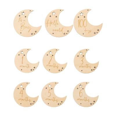 9-Piece Wooden Infant Achievement Marker Cards, Moon Number Letter Design, Photo Props for Newborn Photography, Boys Edition