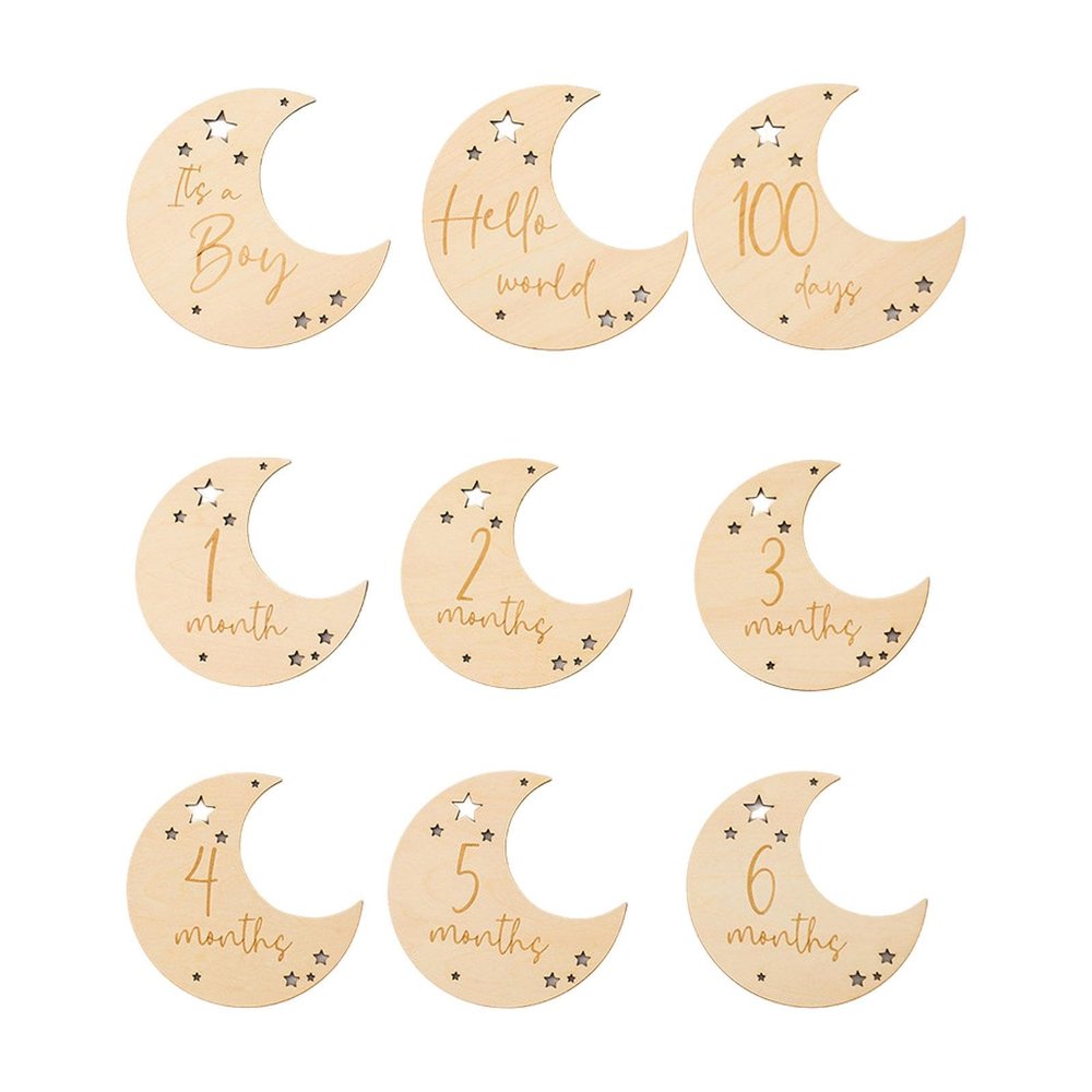 9-Piece Wooden Infant Achievement Marker Cards, Moon Number Letter Design, Photo Props for Newborn Photography, Boys Edition