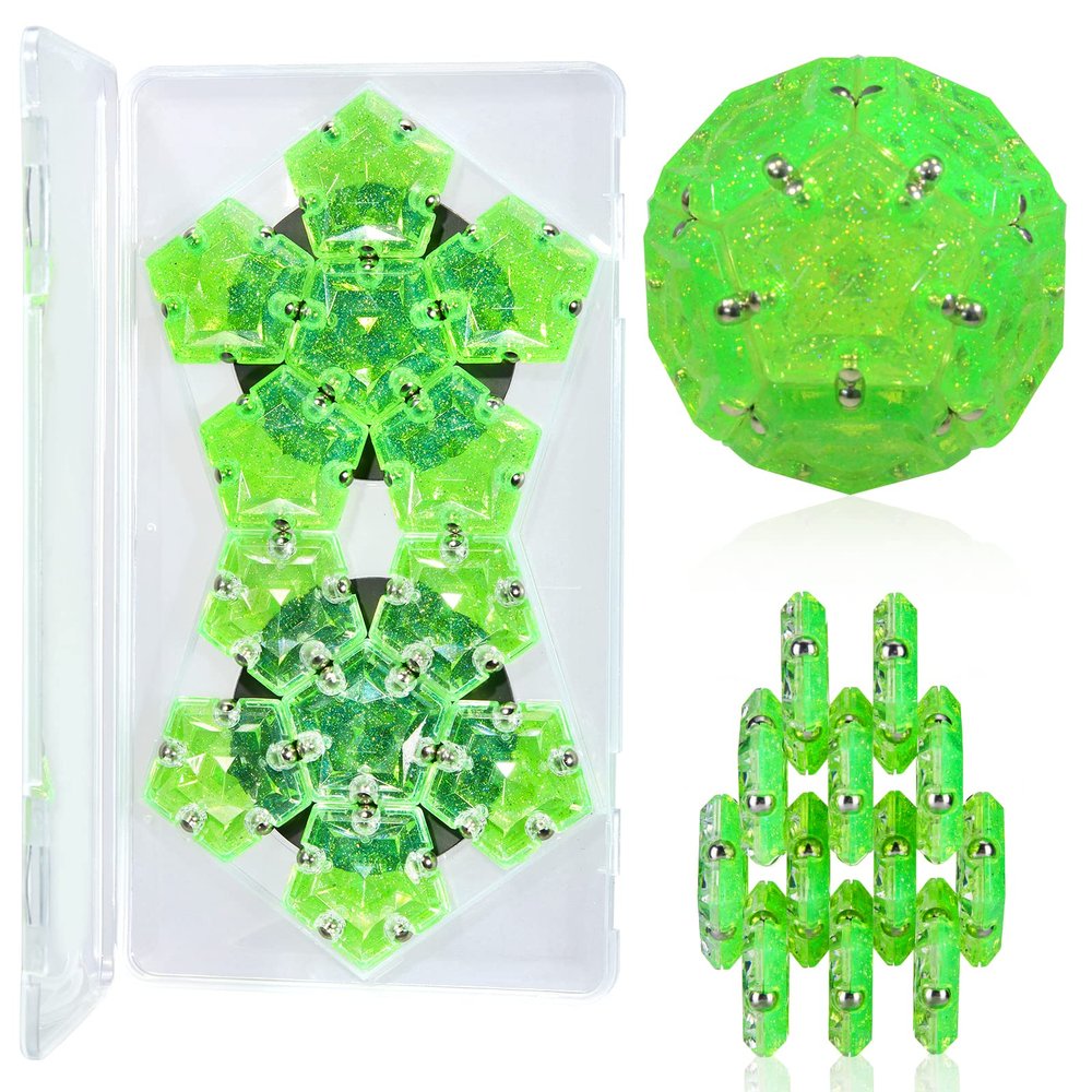 Magnetic Fidget Sphere Magnet Toys - Holographic Glitter Bright Green - Magnets Sensory Toys - 12 Piece Set - Creativity Beyond Imagination, Inspirational, Recreational, Fun Desk Toy for Adults