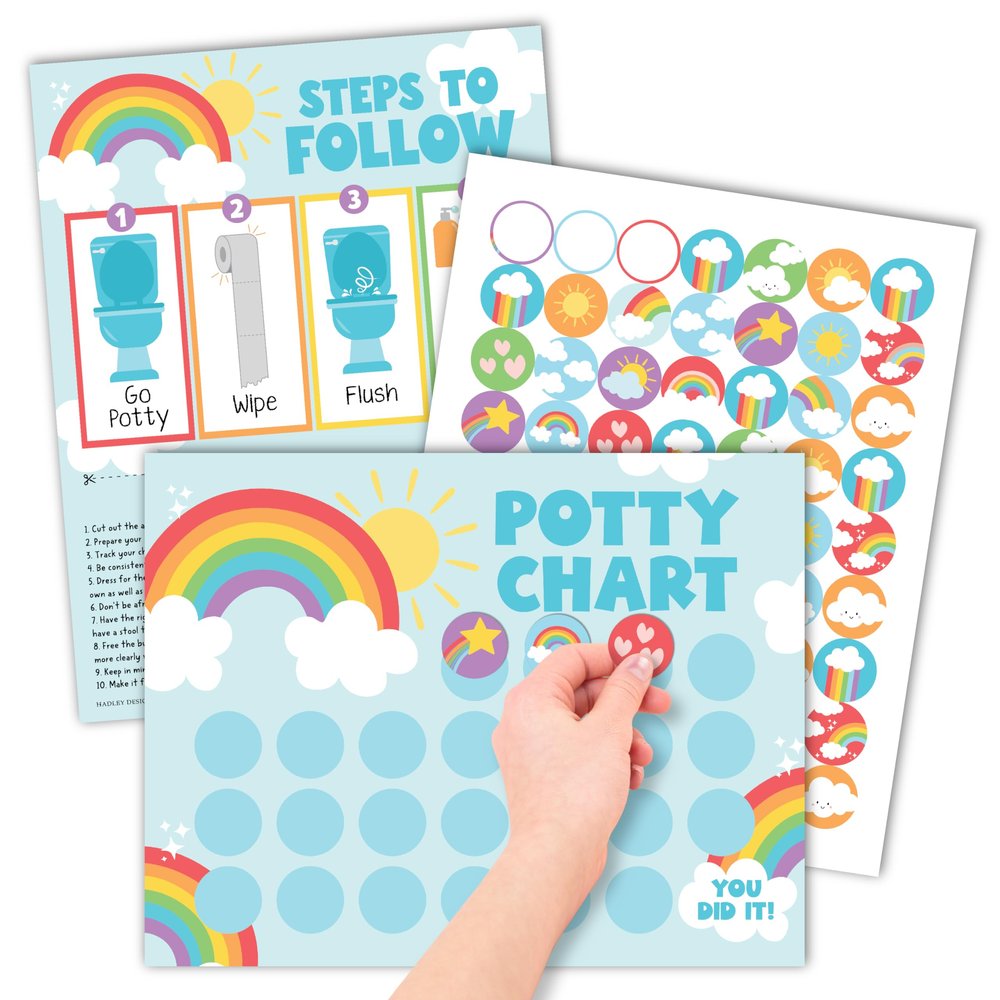Hadley Designs Potty Training Chart for Toddlers Boys -10 Sticker Potty Chart for Toddlers Girls, 8.5x11" Potty Training Sticker Charts for Toilet Success, Rainbow Toddler Reward Chart for Kids