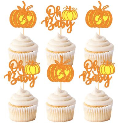 24Pcs Pumpkin Baby Shower Cupcake Toppers Pumpkin Oh Baby Cupcake Picks