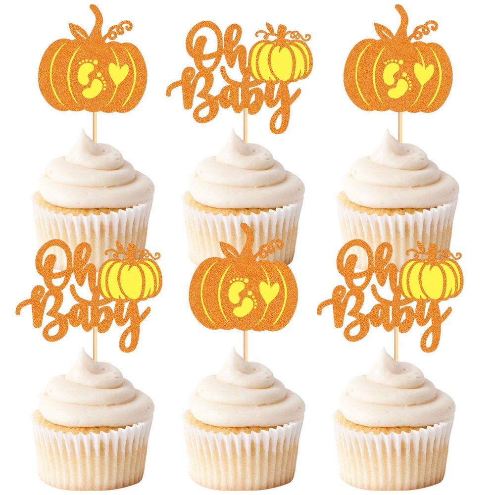 24Pcs Pumpkin Baby Shower Cupcake Toppers Pumpkin Oh Baby Cupcake Picks