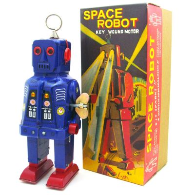 Charmgle Retro Wind-Up Toy Walking Robot, Sparkling Eyes Clockwork Handmade Tinplate Robots Adult Collection Home Decoration Blue