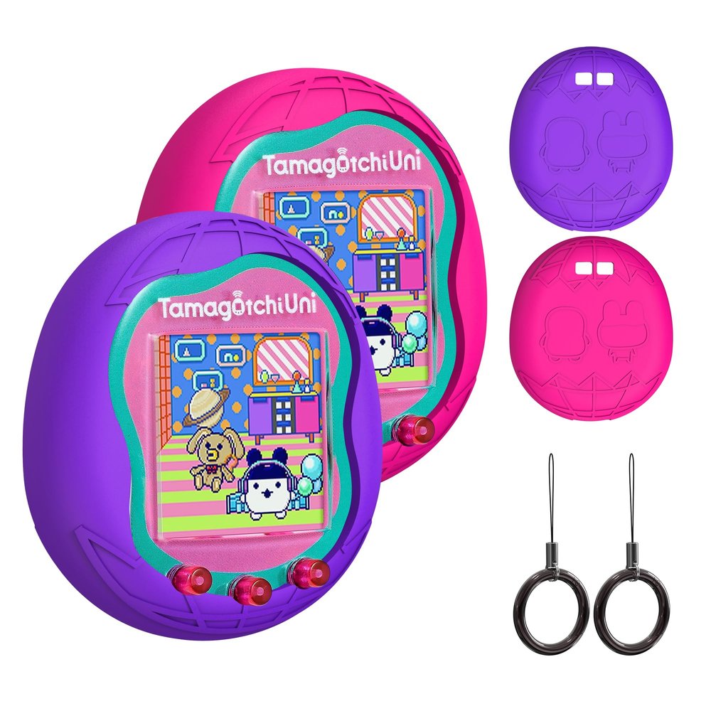 Silicone Case Compatible with Tamagotchi Uni Virtual Pet Machine, Protective Skin Sleeve Shell for Tamagotchi Uni with Finger Lanyard (Rose Red and Purple)