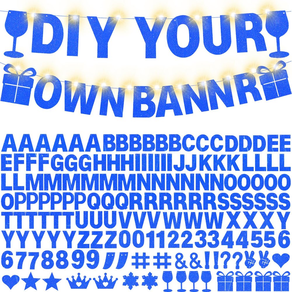 175Pcs DIY Glitter Customizable Banner Kit Hanukkah Custom Banners DIY Happy Birthday Letters Personalized Banner Decor for Christmas Baby Shower Birthday Party Decoration(Glitter Sapphire Blue)