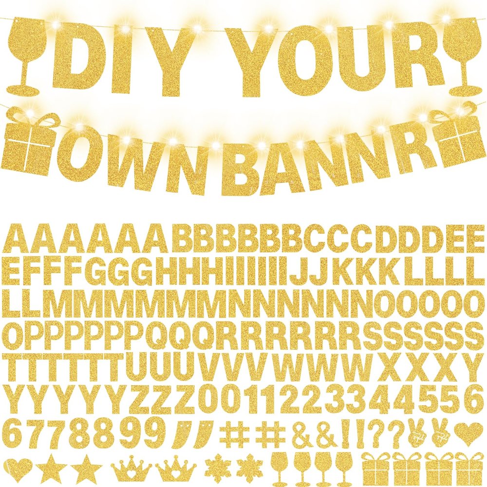 175Pcs DIY Glitter Customizable Banner Kit Custom Banner Happy Birthday Personalized Letter Banners Decor for Christmas Baby Shower Birthday Party Decorations Supplies(Glitter Gold