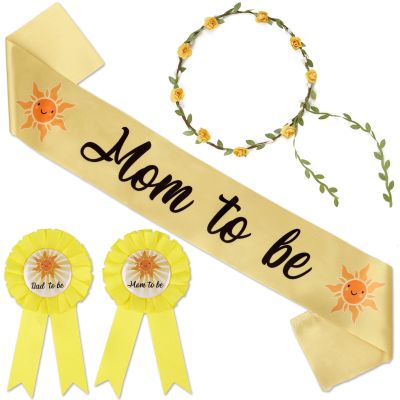 Serencatcher Baby Shower Sash for Mommy Boy, Sun Baby Shower Decorations Include Mommy Daddy to be Pin Yellow Flower Crown for Sunshine Gender Reveals Party Favors Pregnancy Props Souvenir Gifts