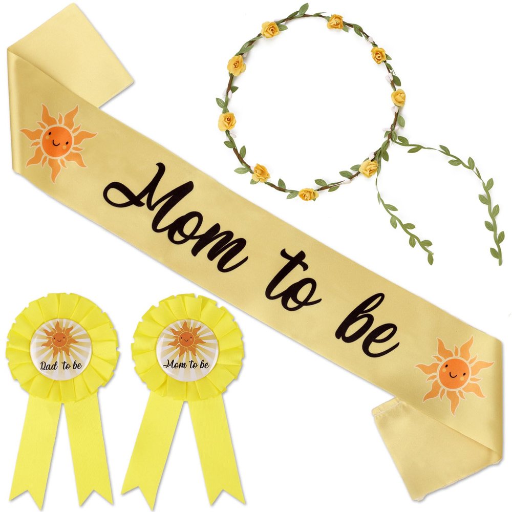 Serencatcher Baby Shower Sash for Mommy Boy, Sun Baby Shower Decorations Include Mommy Daddy to be Pin Yellow Flower Crown for Sunshine Gender Reveals Party Favors Pregnancy Props Souvenir Gifts