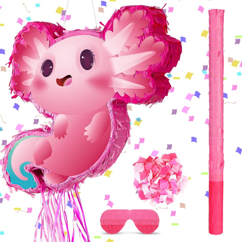 Seematn Axolotl Piata Birthday Party Decorations Animals Piata with a Blindfold, Bat and Confetti for Axolotl Valentines Party Favor Birthday Girl Kid Baby Shower Supplies, 15.75 x 12.2 x 2.95 Inch