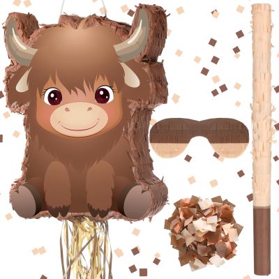 Highland Cow Pinata Birthday Supplies with Blindfold, Bat and Confetti for Animals Themed Party Decorations Gift, 15.75 x 12.2 x 2.95 Inch