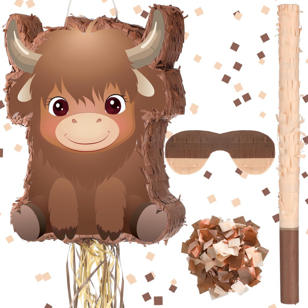 Highland Cow Pinata Birthday Supplies with Blindfold, Bat and Confetti for Animals Themed Party Decorations Gift, 15.75 x 12.2 x 2.95 Inch