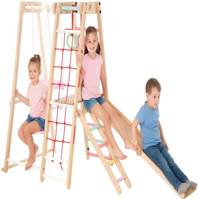 ARIRO Toys - Indoor Jungle Gym for Toddlers Indoor Playground 6-in-1 Multicolor Waldorf Style Wooden Toddler Slide with Baby Ladder, Climbing Rope Ladder, Swing,Rings Gymnastic Kids