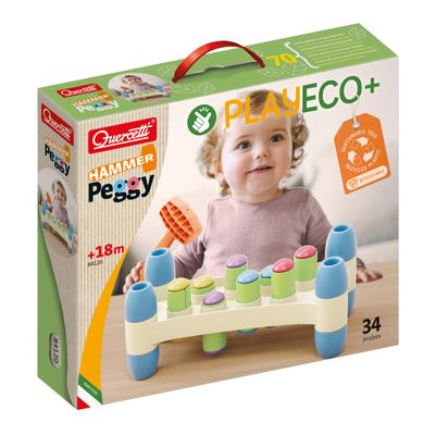 Quercetti: PlayEco+ Hammer Peggy - Classic Peg Pounding Bench Toy, Interactive & Colorful Board, Preschool Cause-Effect Play, Toddler & Kids 18mo+