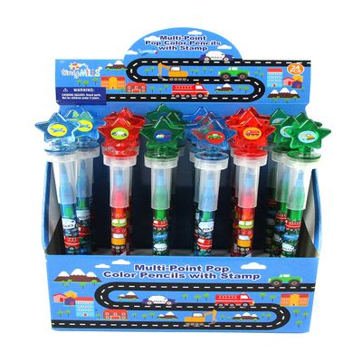 TINYMILLS 24 Pcs Transportation Vehicles and Construction 2 in 1 Stackable Stacking Crayon with Extra Stamper Topper, Kids Party Favors, Goodie Bag Stuffers, Classroom Rewards, Prizes