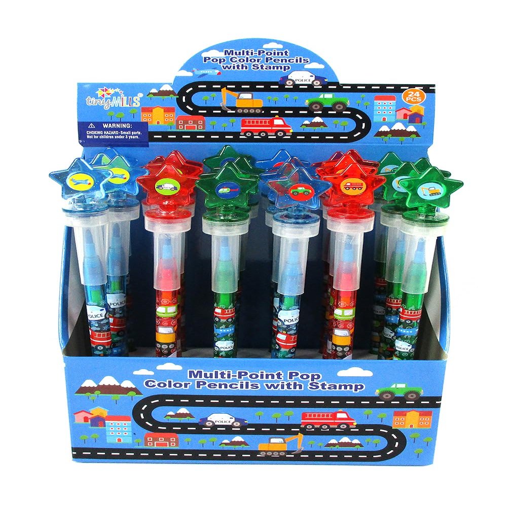 TINYMILLS 24 Pcs Transportation Vehicles and Construction 2 in 1 Stackable Stacking Crayon with Extra Stamper Topper, Kids Party Favors, Goodie Bag Stuffers, Classroom Rewards, Prizes