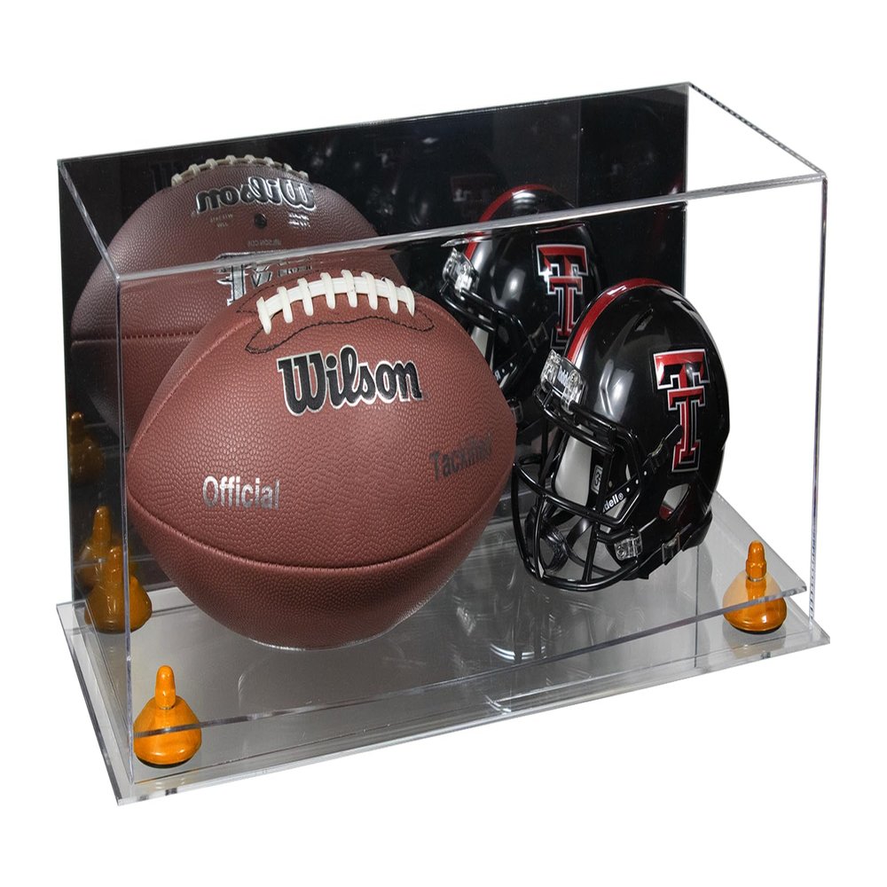 Better Display Cases Acrylic Full Size Football and Mini Helmet Display Case with Mirror Case, Orange Risers and Clear Base 19.25" x 8.25" x 8" (B47/A103)
