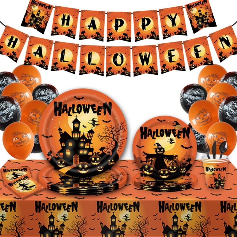 130 Pcs Halloween Party Plates Set, Happy Halloween Party Decorations Supplies, Halloween Castle Bat Pumpkin Ghosts Theme Tableware for Kids Birthday Baby Shower Decor, Serves 16 (Orange and Black)
