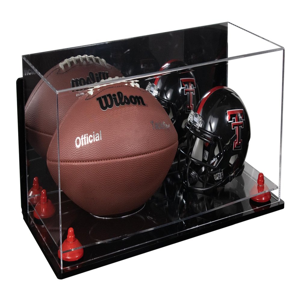 Better Display Cases Acrylic Full Size Football and Mini Helmet Display Case with Mirror Case, Red Risers, Wall Mount and Clear Base 19.25" x 8.25" x 8" (B47/A103)