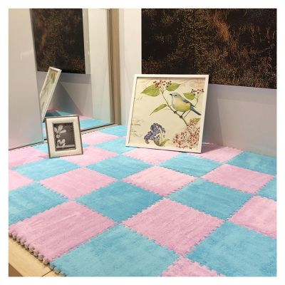 30 PCS Interlocking Fluffy Carpet Tiles, Plush Area Rug 12"X12" Puzzle Floor Mat with Border, Soft Crawling Playmat Floor Tiles for Playroom(Size:30x30x0.6cm,Color:Blue+Pink)