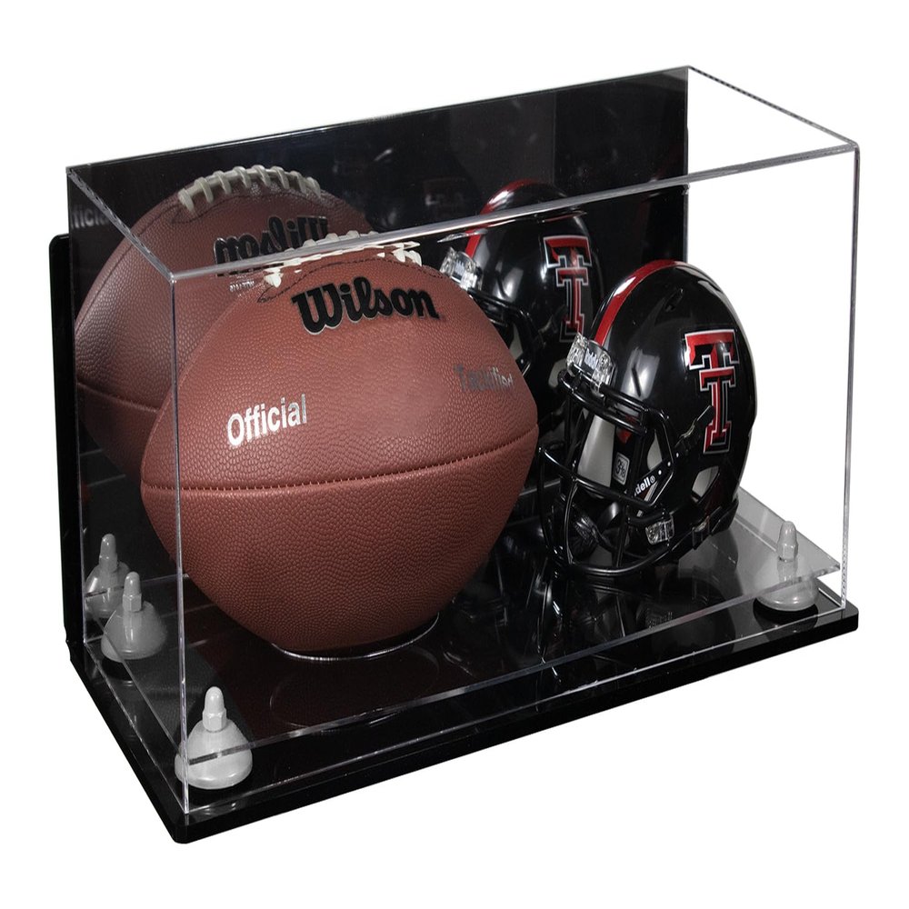 Better Display Cases Acrylic Full Size Football and Mini Helmet Display Case with Mirror Case, White Risers, Wall Mount and Clear Base 19.25" x 8.25" x 8" (B47/A103)