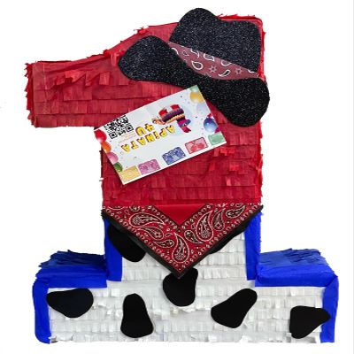 20 Tall Number One Pinata Cowboy Theme Sheriff First Birthday 1st Party Supplies Decoration Cow Pattern Red Blue