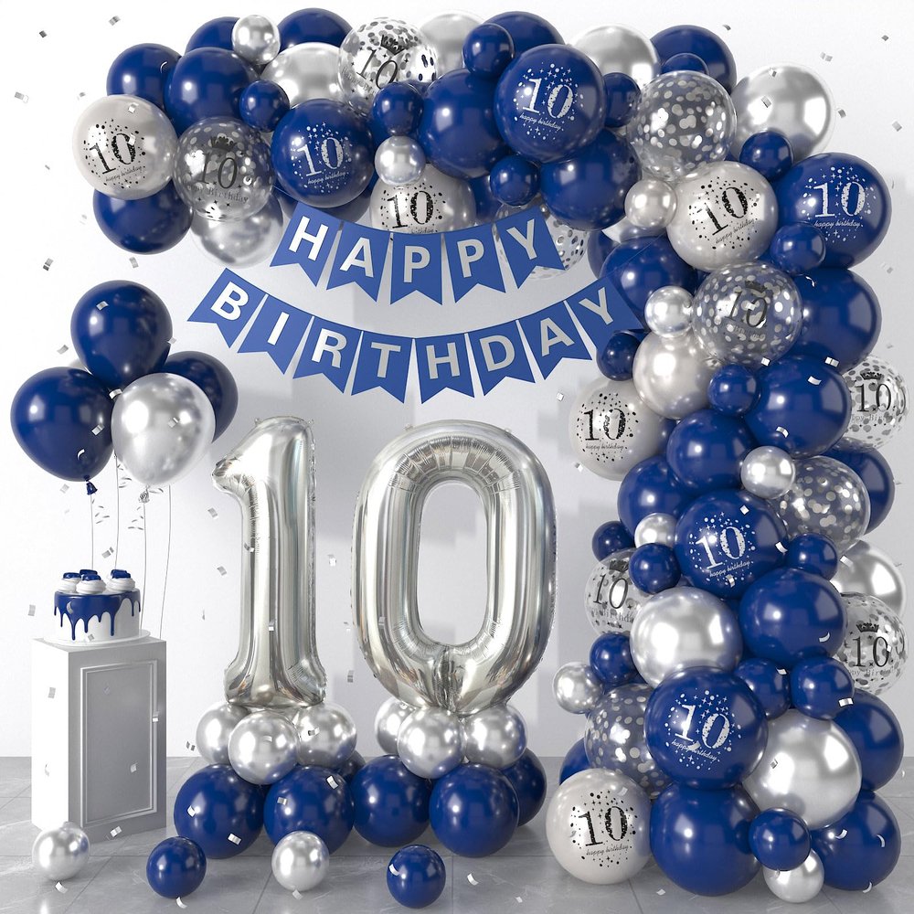 10th Birthday Decorations Navy Blue Silver,10th Balloon Garland with Number 10 Foil balloons,Happy Birthday Banner for Boys Girls 10 Birthday Party Decorations
