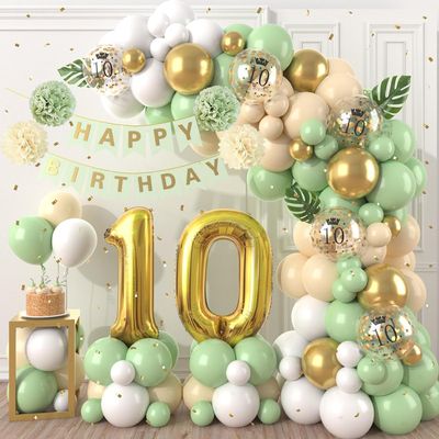 10th Birthday Decorations Sage Green,10th Balloon Garland with Number 10 Foil balloons,Happy Birthday Banner for Boys Girls 10 Birthday Party Decorations