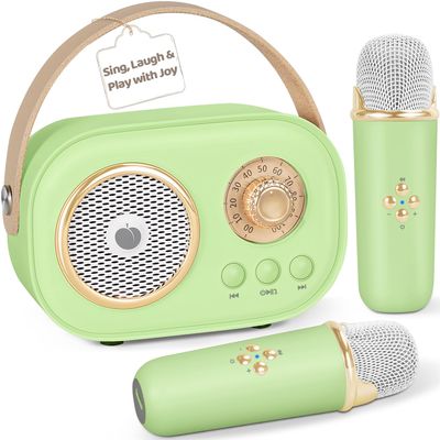 PRUNUS C20 Mini Karaoke Machine,Valentines Day Gifts for Her Him Kids Mens,Portable Bluetooth Speaker with 2 Wireless Microphone for Boys Girls 3-12+ Years Old Birthday Party Green
