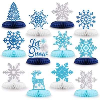 12PCS Winter Wonderland Party Decorations 3D Honeycomb Snowflake Centerpieces for Tables Blue White Christmas Party Supplies for Kids Birthday Xmas Holiday Party Prop Supply