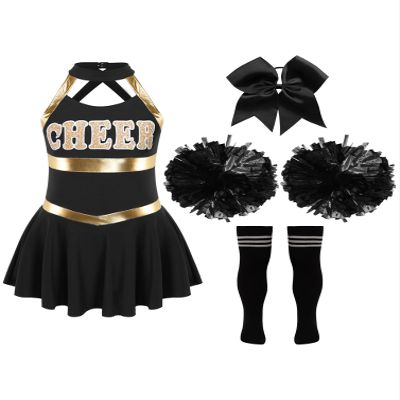 winying 4 Pcs Girls Cheer Leader Costume Fancy Cheer Uniform Dress Outfits for Halloween Cosplay Birthday Party C1033 Black 16 Years