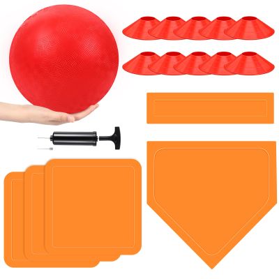 Hiboom 16 Pcs Sports Kickball Set Includes 10 Inches Playground Ball 5 Rubber Throw Down Bases Ball Pump 10 Foul Line Cones for Kids Adults Playground School Backyard Game Camps Picnic (Orange)