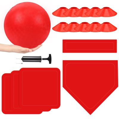 Hiboom 16 Pcs Sports Kickball Set Includes 10 Inches Playground Ball 5 Rubber Throw Down Bases Ball Pump 10 Foul Line Cones for Kids Adults Playground School Backyard Game Camps Picnic (Red)