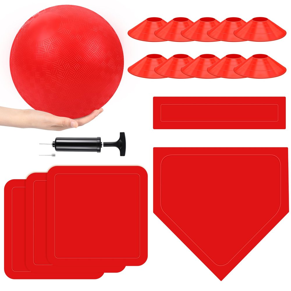 Hiboom 16 Pcs Sports Kickball Set Includes 10 Inches Playground Ball 5 Rubber Throw Down Bases Ball Pump 10 Foul Line Cones for Kids Adults Playground School Backyard Game Camps Picnic (Red)