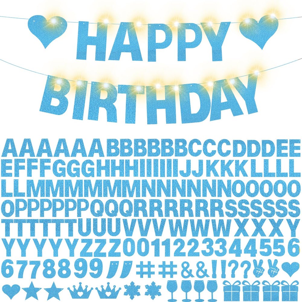167Pcs DIY Glitter Customizable Banner Kit Custom Banner DIY Personalized Happy Birthday Letter Banners Decor for Christmas Baby Shower Birthday Party Decorations Supplies(Glitter Light Blue)