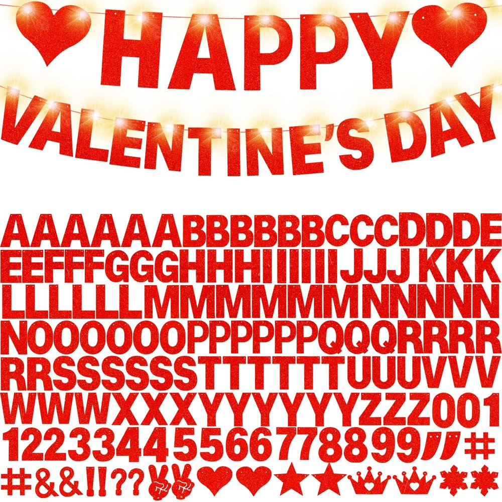 175Pcs DIY Glitter Customizable Banner Kit Happy Birthday Custom Letter Banners Happy Valentine's Day Banners Love Heart Personalized Banner Decor Birthday Party Decorations Supplies(Glitter Red)