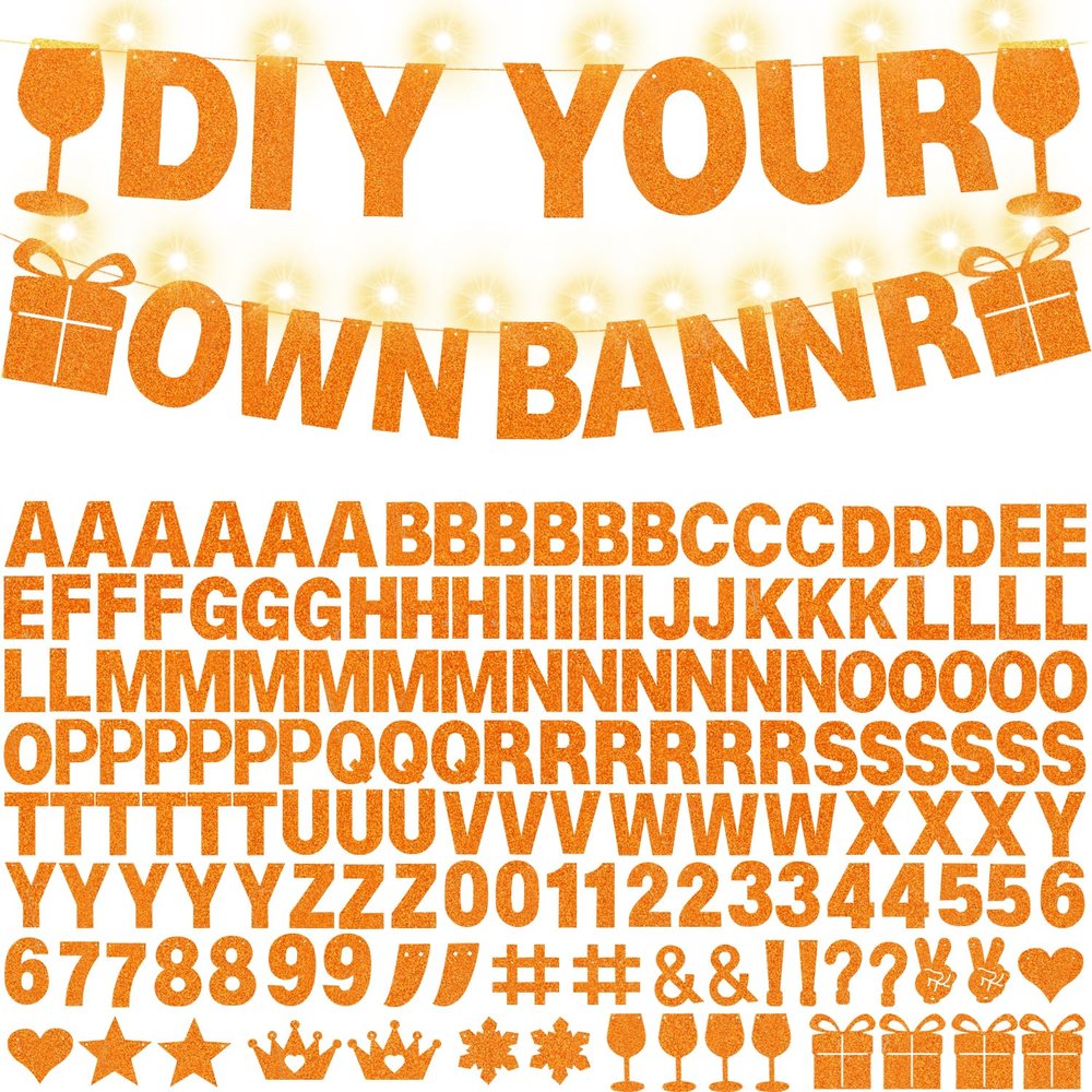175Pcs DIY Glitter Customizable Banner Kit Custom Banners DIY Happy Birthday Letter Banners Personalized Banner Decor for Easter Day Christmas Baby Shower Birthday Party Decorations(Glitter Orange)