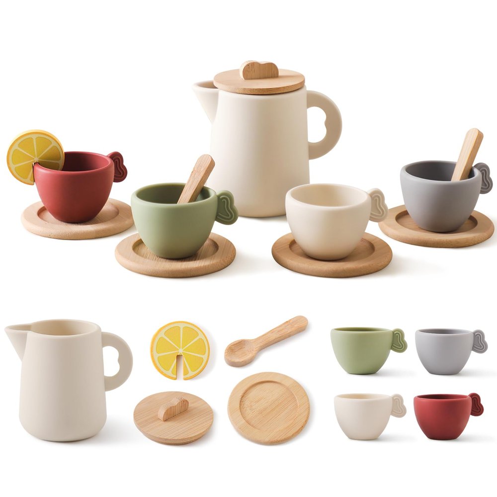 Tea Party Set for Kids, Wooden Tea Set for Little Girls and Boys, Kids Play Kitchen Accessories Toy Dishwasher Safe Tea Set for Toddler, Pretend Play Toddler Tea Set 3-5 Ideal Christmas Birthday Gift