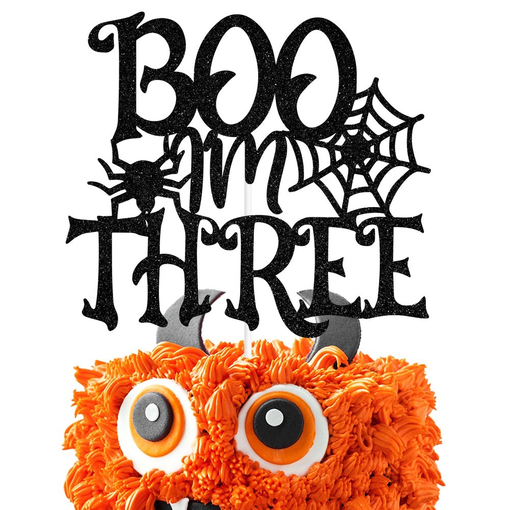 Black Glitter Boo I'm Three Cake Topper, Happy 3rd Birthday/Baby Boo, Halloween Themed Baby's 3rd Birthday Baby Shower Party Decorations