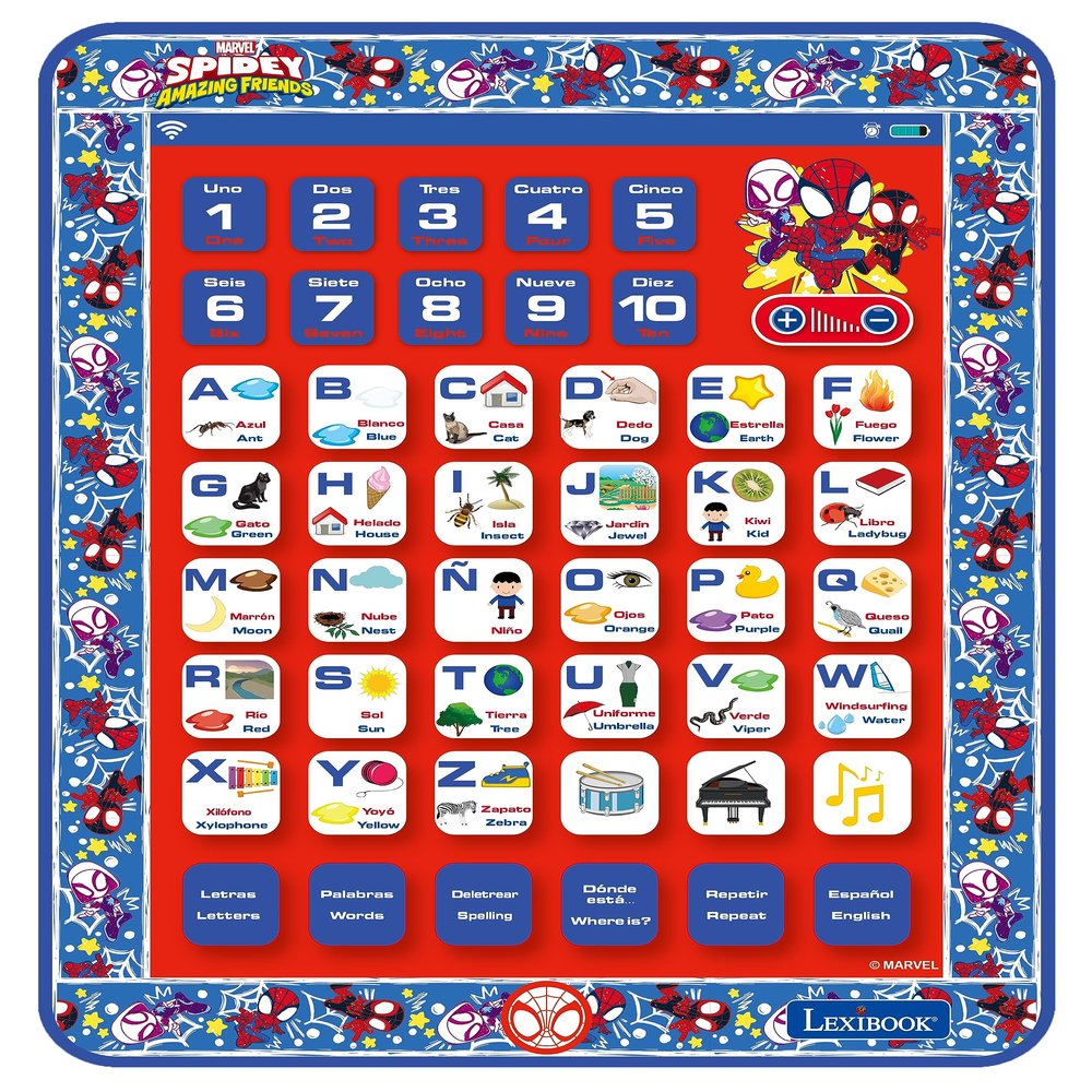 LEXiBOOK, Spidey and his Amazing Friends, Bilingual Learning Tablet - English/Spanish - Toy to Learn to Count, Vocabulary and Make Music, JCPAD002SPi2