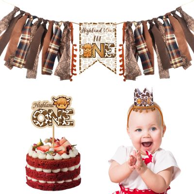 3 Pcs Highland Cow Birthday Decorations, High Chair Banner Hat Cake Topper, One Banner, First Rodeo Birthday Party Supplies