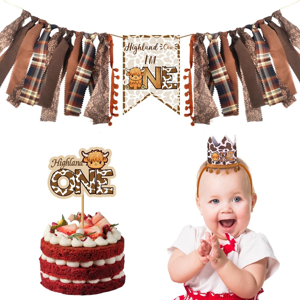 3 Pcs Highland Cow Birthday Decorations, High Chair Banner Hat Cake Topper, One Banner, First Rodeo Birthday Party Supplies