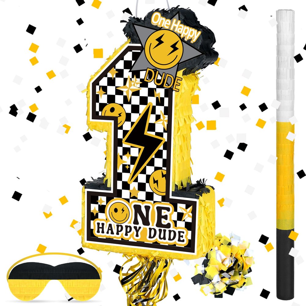 Ferraycle One Happy Dude Themed Birthday Piata Decorations Number 1 Piata Stick Blindfold Confetti 1st Birthday Party Favors Yellow Smile Face Lightning Black Backdrop for Hippie Supplies