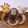 Joliecraft Safari Animals Wooden Baby Rattle Toys Stuffed Crochet Rattle with Teether Ring for Newborn, Giraffe view 3
