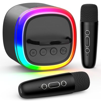 HWWR Karaoke Machine, Mini Bluetooth Speaker with 2 Wireless Microphones, Disco Lights Karaoke Home Party, Xmas Birthday Gifts for Singing